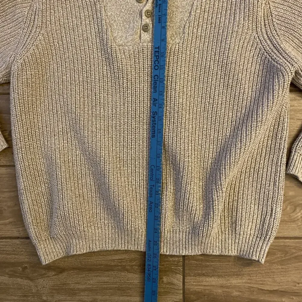 Vintage Eddie Bauer Sweater Mens Large Beige Cotton Henley Knit Pullover - Picture 3 of 6